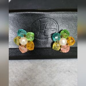 1960s Vintage Hong Kong Faux Pearl and Colored Beads Clip On Earrings
